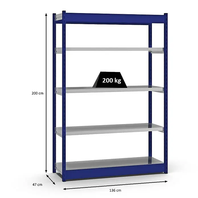 Proregal Schwerlastregal MAGNUS Vierkant-Profil Stecksystem - H x B x T: 200 x 132,5 x 40 cm, Traglast pro Boden: 200 kg, Anzahl Böden: 5 Stk., Stecken, Enzianblau/Verzinkt