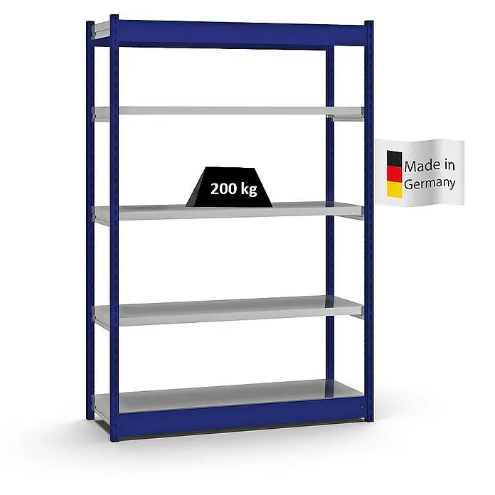 Proregal Schwerlastregal MAGNUS Vierkant-Profil Stecksystem - H x B x T: 200 x 132,5 x 40 cm, Traglast pro Boden: 200 kg, Anzahl Böden: 5 Stk., Stecken, Enzianblau/Verzinkt