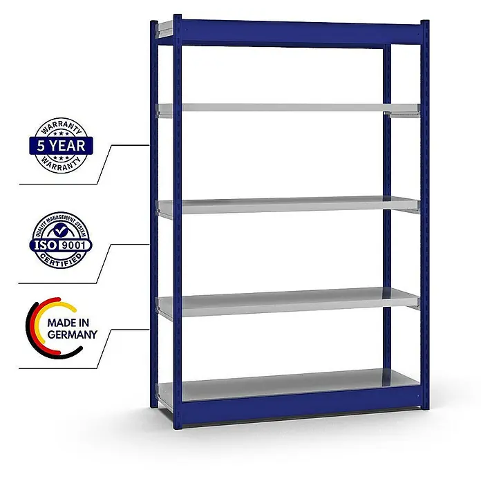 Proregal Schwerlastregal MAGNUS Vierkant-Profil Stecksystem - H x B x T: 200 x 132,5 x 40 cm, Traglast pro Boden: 200 kg, Anzahl Böden: 5 Stk., Stecken, Enzianblau/Verzinkt