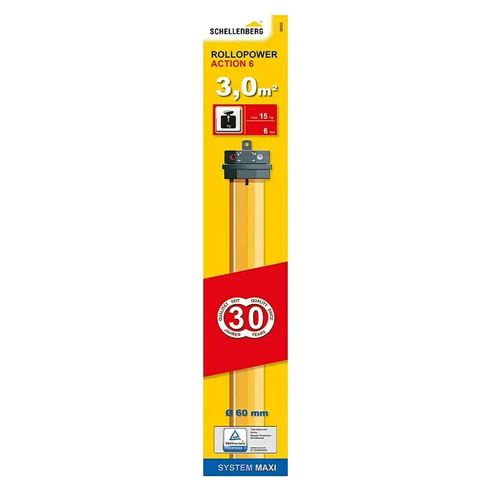 Schellenberg Motor tubular Maxi Action - Superficie de persiana enrollable máx.: 3 m² para persianas de plástico, Longitud de instalación: 500 mm, Fuerza de tracción: 15 kg - Imagen del embalaje de un motor para persianas enrollables Schellenberg Rollopower Action 6 que destaca sus características.