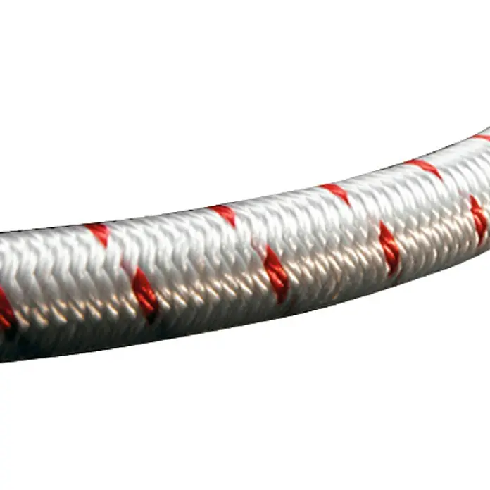 Robline Takelgarn - Ø x L: 1 mm x 46 m, Weiß - Nahaufnahme eines weißen Gummiseils mit roten Markierungen, das sich sanft biegt. Ideal zum Sichern von Gegenständen.