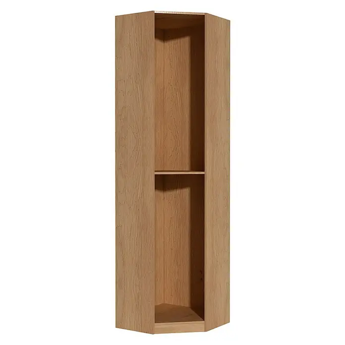 Finsa Set de estanterías rinconeras - L x An x Al: 60 x 60 x 1,6 cm, Roble, Madera - Una foto de la estantería de esquina de madera con dos estantes abiertos, que ofrece una solución de almacenamiento en esquina funcional y elegante.
