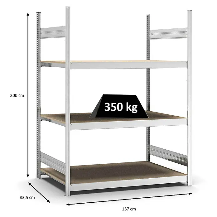 Proregal Schwerlastregal MAGNUS Stecksystem - H x B x T: 200 x 150 x 80 cm, Traglast pro Boden: 350 kg, Anzahl Böden: 3 Stk., Stecken, Verzinkt