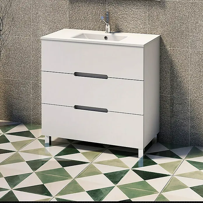 Artysan Mueble bajo de lavabo Lanza - An x Pr x Al: 80 x 44,6 x 83,3 cm, Blanco - Tocador blanco moderno con tres cajones y lavabo integrado, perfecto para añadir estilo y funcionalidad a cualquier baño.
