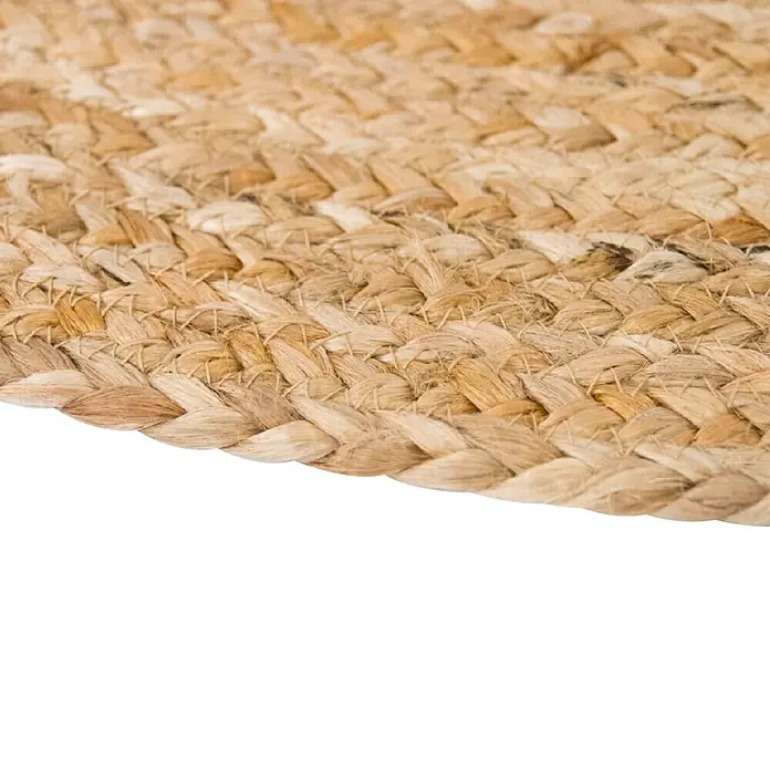 Alfombra textil plana Nazar - Beige, 150 cm - Primer plano de una alfombra redonda de yute trenzado que muestra su textura y tejido. Ideal como elemento de decoración natural y rústico para el suelo.
