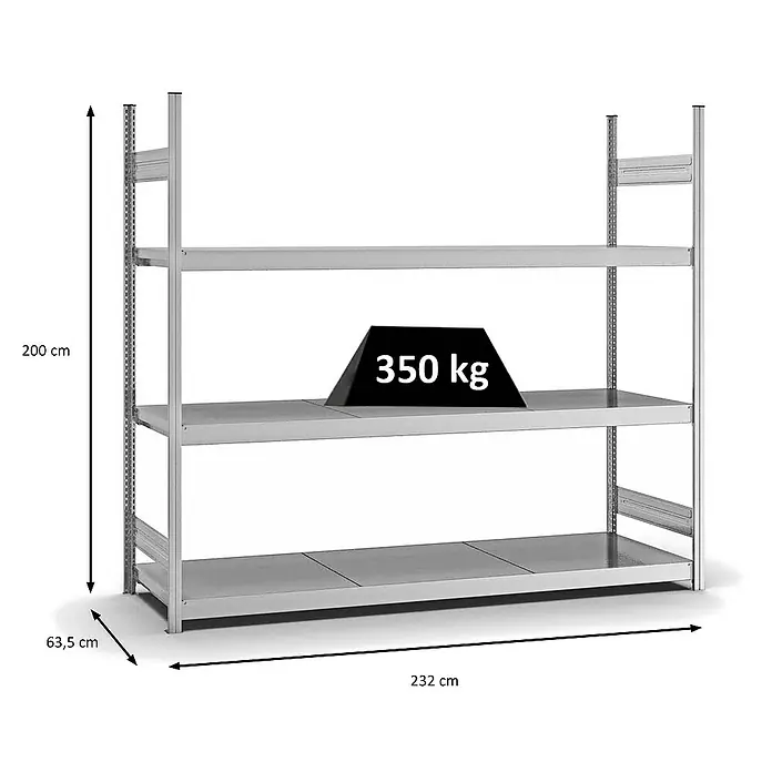 Proregal Schwerlastregal MAGNUS Stecksystem - H x B x T: 200 x 225 x 60 cm, Traglast pro Boden: 350 kg, Anzahl Böden: 3 Stk., Stecken, Verzinkt