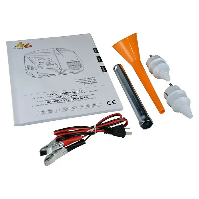 MGA Generador MG3000i - 2,8 kW, Volumen del depósito: 6,8 l - Accesorios para generador inversor: manual, embudo, enchufes, llave y cables de batería para el generador.