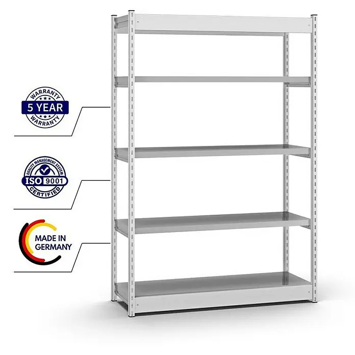 Proregal Schwerlastregal MAGNUS Vierkant-Profil Stecksystem - H x B x T: 200 x 132,5 x 40 cm, Traglast pro Boden: 200 kg, Anzahl Böden: 5 Stk., Stecken, Lichtgrau/Verzinkt