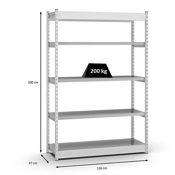 Proregal Schwerlastregal MAGNUS Vierkant-Profil Stecksystem - H x B x T: 200 x 132,5 x 40 cm, Traglast pro Boden: 200 kg, Anzahl Böden: 5 Stk., Stecken, Lichtgrau/Verzinkt