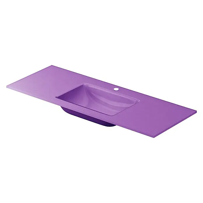 Lavabo Cristal - 121 x 46 cm, Orificios para grifo: Medio, Sin desbordamiento, Berenjena - Una encimera de lavabo morada con lavabo integrado, ideal para baños modernos.
