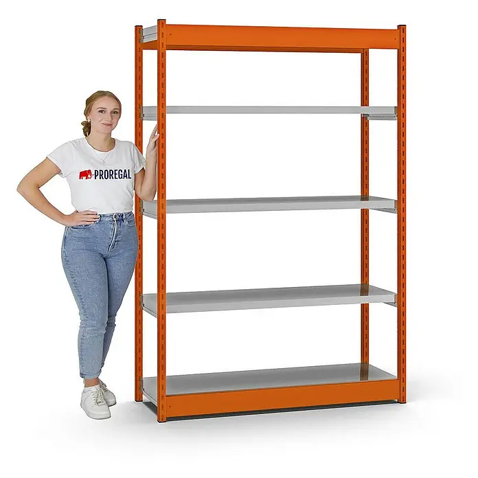 Proregal Schwerlastregal MAGNUS Vierkant-Profil Stecksystem - H x B x T: 200 x 132,5 x 40 cm, Traglast pro Boden: 200 kg, Anzahl Böden: 5 Stk., Stecken, Orange/Verzinkt
