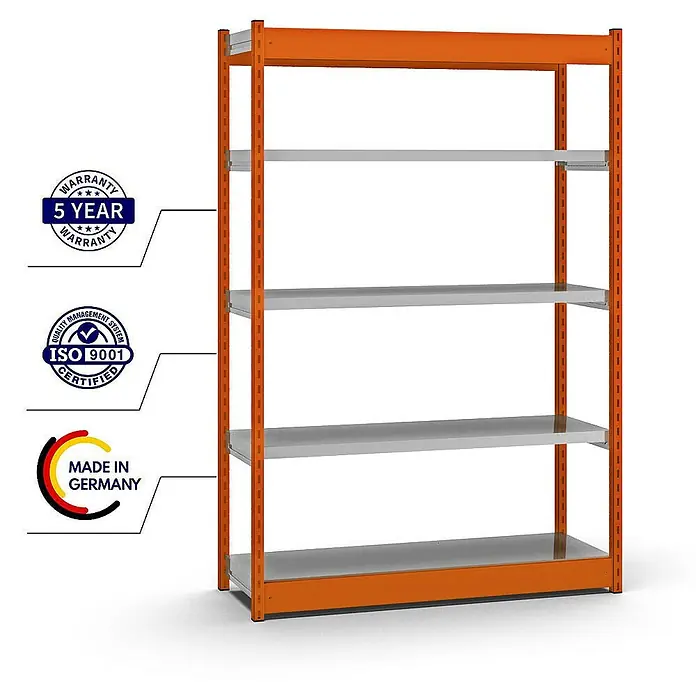 Proregal Schwerlastregal MAGNUS Vierkant-Profil Stecksystem - H x B x T: 200 x 132,5 x 40 cm, Traglast pro Boden: 200 kg, Anzahl Böden: 5 Stk., Stecken, Orange/Verzinkt