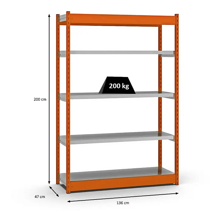Proregal Schwerlastregal MAGNUS Vierkant-Profil Stecksystem - H x B x T: 200 x 132,5 x 40 cm, Traglast pro Boden: 200 kg, Anzahl Böden: 5 Stk., Stecken, Orange/Verzinkt