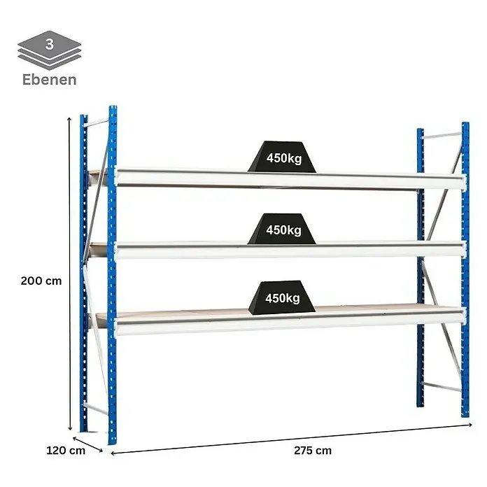 Proregal Schwerlastregal Weitspannregal MAXIMUS Pro - H x B x T: 200 x 275 x 120 cm, Traglast pro Boden: 450 kg, Anzahl Böden: 3 Stk., Stecken, Lichtblau/Lichtgrau