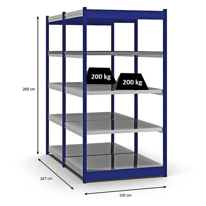 Proregal Schwerlastregal MAGNUS Vierkant-Profil Stecksystem - H x B x T: 200 x 102,5 x 80 cm, Traglast pro Boden: 200 kg, Anzahl Böden: 10 Stk., Stecken, Enzianblau/Verzinkt