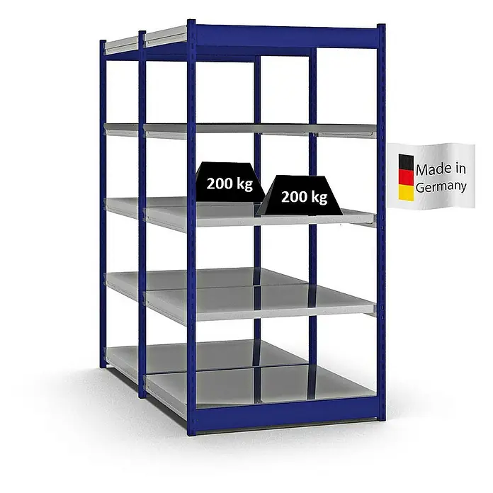 Proregal Schwerlastregal MAGNUS Vierkant-Profil Stecksystem - H x B x T: 200 x 102,5 x 80 cm, Traglast pro Boden: 200 kg, Anzahl Böden: 10 Stk., Stecken, Enzianblau/Verzinkt