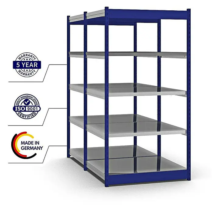 Proregal Schwerlastregal MAGNUS Vierkant-Profil Stecksystem - H x B x T: 200 x 102,5 x 80 cm, Traglast pro Boden: 200 kg, Anzahl Böden: 10 Stk., Stecken, Enzianblau/Verzinkt