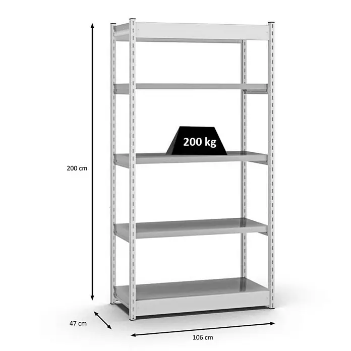 Proregal Schwerlastregal MAGNUS Vierkant-Profil Stecksystem - H x B x T: 200 x 102,5 x 40 cm, Traglast pro Boden: 200 kg, Anzahl Böden: 5 Stk., Stecken, Lichtgrau/Verzinkt