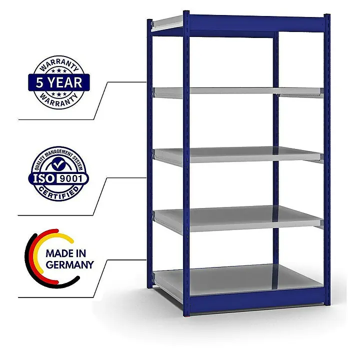 Proregal Schwerlastregal MAGNUS Vierkant-Profil Stecksystem - H x B x T: 200 x 102,5 x 80 cm, Traglast pro Boden: 200 kg, Anzahl Böden: 5 Stk., Stecken, Enzianblau/Verzinkt