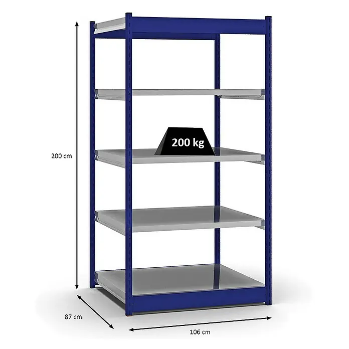 Proregal Schwerlastregal MAGNUS Vierkant-Profil Stecksystem - H x B x T: 200 x 102,5 x 80 cm, Traglast pro Boden: 200 kg, Anzahl Böden: 5 Stk., Stecken, Enzianblau/Verzinkt