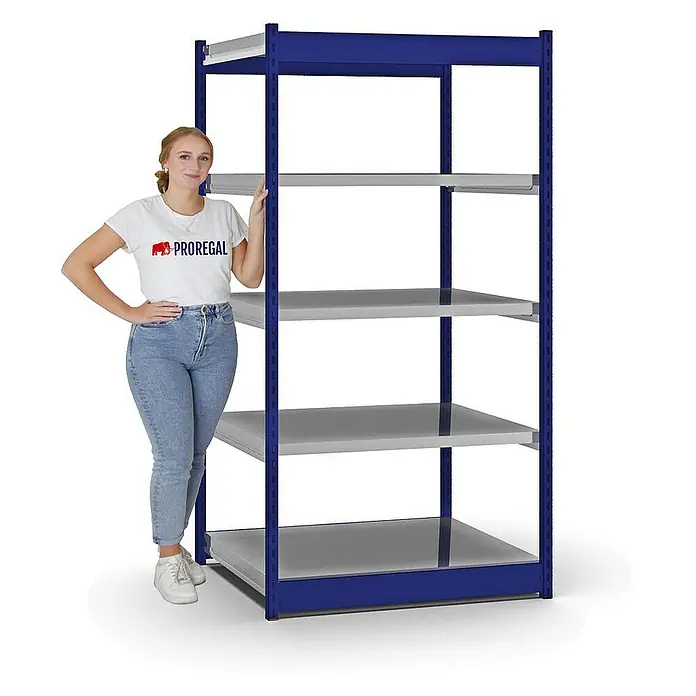Proregal Schwerlastregal MAGNUS Vierkant-Profil Stecksystem - H x B x T: 200 x 102,5 x 80 cm, Traglast pro Boden: 200 kg, Anzahl Böden: 5 Stk., Stecken, Enzianblau/Verzinkt