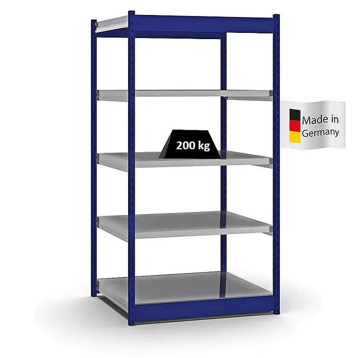 Proregal Schwerlastregal MAGNUS Vierkant-Profil Stecksystem - H x B x T: 200 x 102,5 x 80 cm, Traglast pro Boden: 200 kg, Anzahl Böden: 5 Stk., Stecken, Enzianblau/Verzinkt