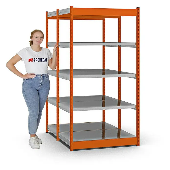 Proregal Schwerlastregal MAGNUS Vierkant-Profil Stecksystem - H x B x T: 200 x 102,5 x 60 cm, Traglast pro Boden: 200 kg, Anzahl Böden: 10 Stk., Stecken, Orange/Verzinkt