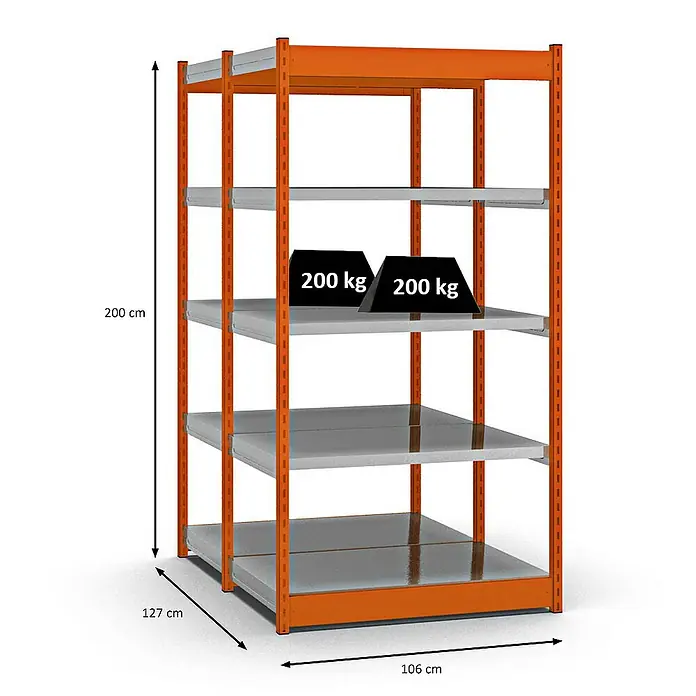 Proregal Schwerlastregal MAGNUS Vierkant-Profil Stecksystem - H x B x T: 200 x 102,5 x 60 cm, Traglast pro Boden: 200 kg, Anzahl Böden: 10 Stk., Stecken, Orange/Verzinkt
