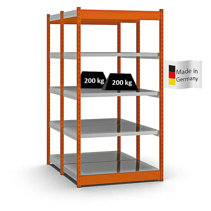 Proregal Schwerlastregal MAGNUS Vierkant-Profil Stecksystem - H x B x T: 200 x 102,5 x 60 cm, Traglast pro Boden: 200 kg, Anzahl Böden: 10 Stk., Stecken, Orange/Verzinkt