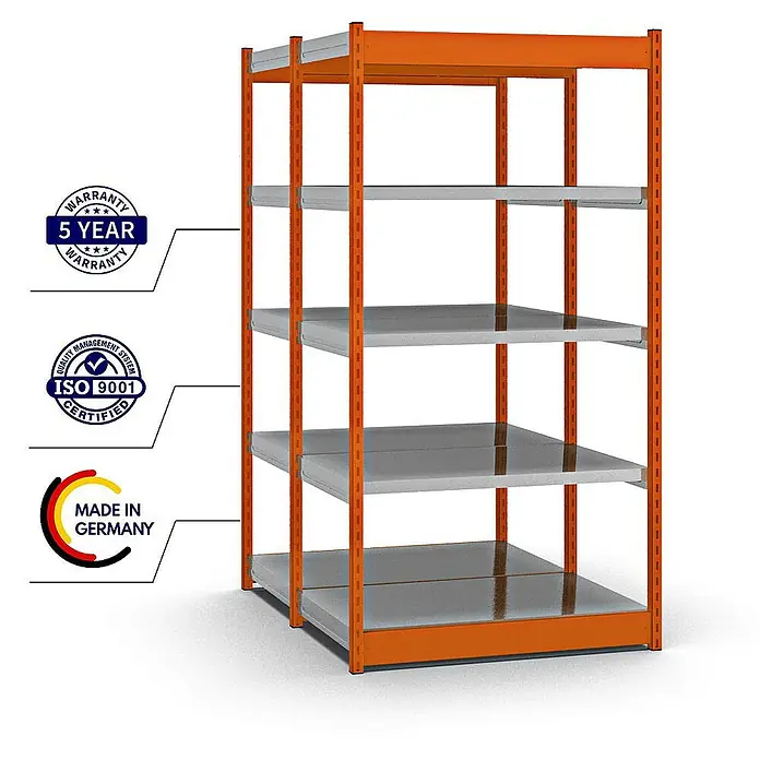 Proregal Schwerlastregal MAGNUS Vierkant-Profil Stecksystem - H x B x T: 200 x 102,5 x 60 cm, Traglast pro Boden: 200 kg, Anzahl Böden: 10 Stk., Stecken, Orange/Verzinkt