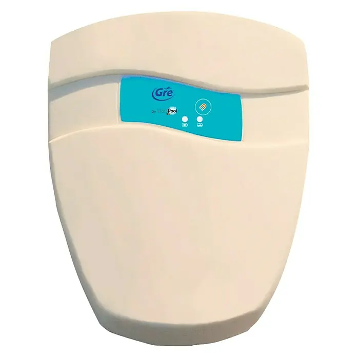Gre Alarma de agua - Modo de funcionamiento: Funciona con pilas - Primer plano del producto de piscina Gre, un dispositivo con un panel de control azul y una carcasa blanca diseñada para el mantenimiento de piscinas.