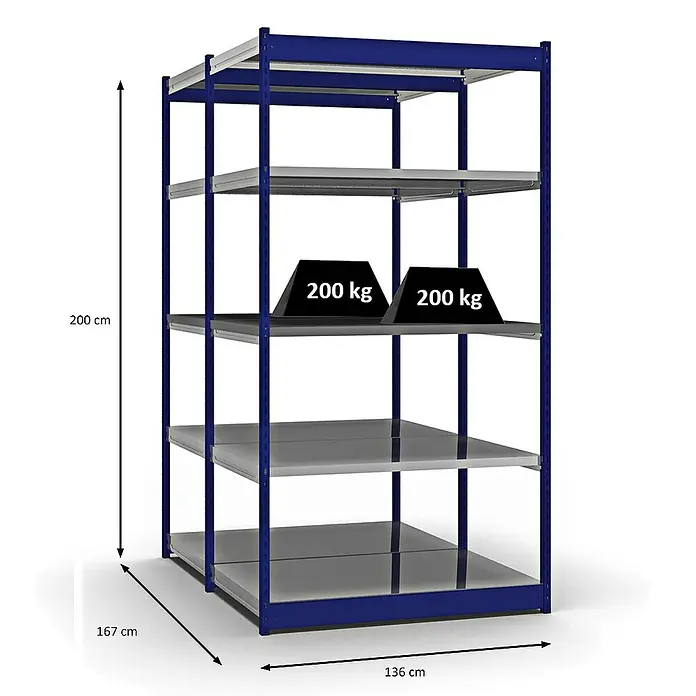 Proregal Schwerlastregal MAGNUS Vierkant-Profil Stecksystem - H x B x T: 200 x 132,5 x 80 cm, Traglast pro Boden: 200 kg, Anzahl Böden: 10 Stk., Stecken, Enzianblau/Verzinkt