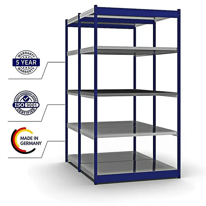 Proregal Schwerlastregal MAGNUS Vierkant-Profil Stecksystem - H x B x T: 200 x 132,5 x 80 cm, Traglast pro Boden: 200 kg, Anzahl Böden: 10 Stk., Stecken, Enzianblau/Verzinkt