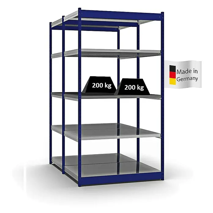 Proregal Schwerlastregal MAGNUS Vierkant-Profil Stecksystem - H x B x T: 200 x 132,5 x 80 cm, Traglast pro Boden: 200 kg, Anzahl Böden: 10 Stk., Stecken, Enzianblau/Verzinkt