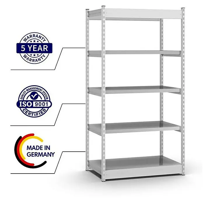 Proregal Schwerlastregal MAGNUS Vierkant-Profil Stecksystem - H x B x T: 200 x 102,5 x 50 cm, Traglast pro Boden: 200 kg, Anzahl Böden: 5 Stk., Stecken, Lichtgrau/Verzinkt