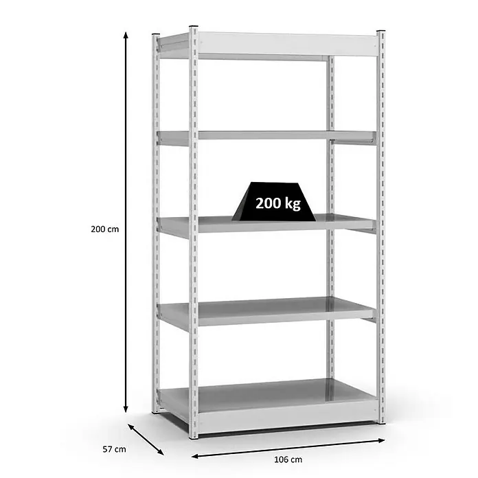 Proregal Schwerlastregal MAGNUS Vierkant-Profil Stecksystem - H x B x T: 200 x 102,5 x 50 cm, Traglast pro Boden: 200 kg, Anzahl Böden: 5 Stk., Stecken, Lichtgrau/Verzinkt