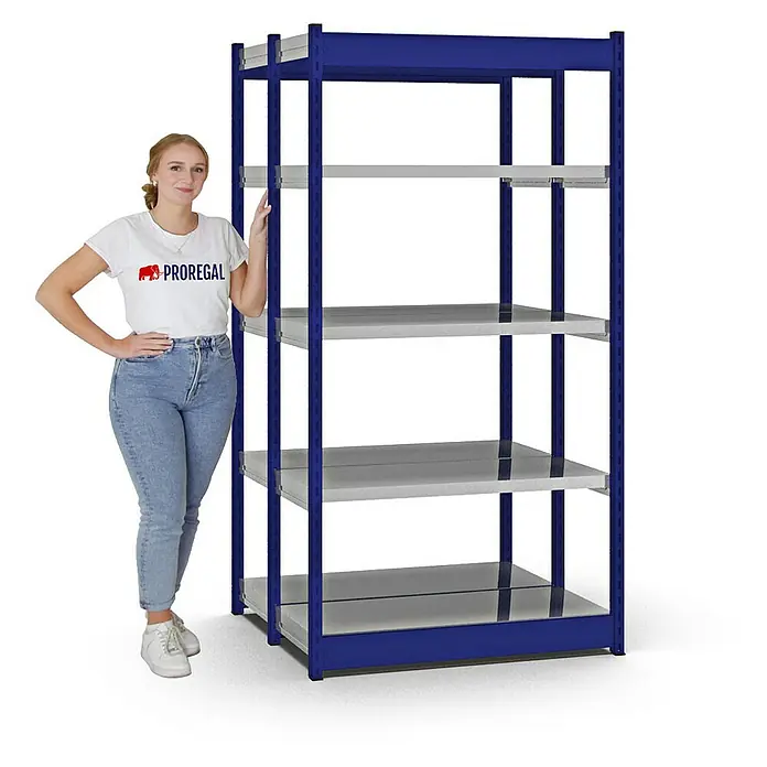Proregal Schwerlastregal MAGNUS Vierkant-Profil Stecksystem - H x B x T: 200 x 102,5 x 40 cm, Traglast pro Boden: 200 kg, Anzahl Böden: 10 Stk., Stecken, Enzianblau/Verzinkt