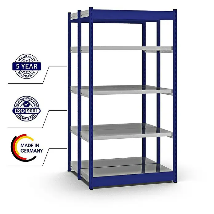 Proregal Schwerlastregal MAGNUS Vierkant-Profil Stecksystem - H x B x T: 200 x 102,5 x 40 cm, Traglast pro Boden: 200 kg, Anzahl Böden: 10 Stk., Stecken, Enzianblau/Verzinkt