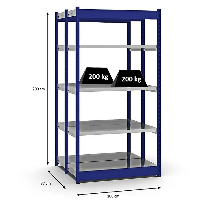 Proregal Schwerlastregal MAGNUS Vierkant-Profil Stecksystem - H x B x T: 200 x 102,5 x 40 cm, Traglast pro Boden: 200 kg, Anzahl Böden: 10 Stk., Stecken, Enzianblau/Verzinkt
