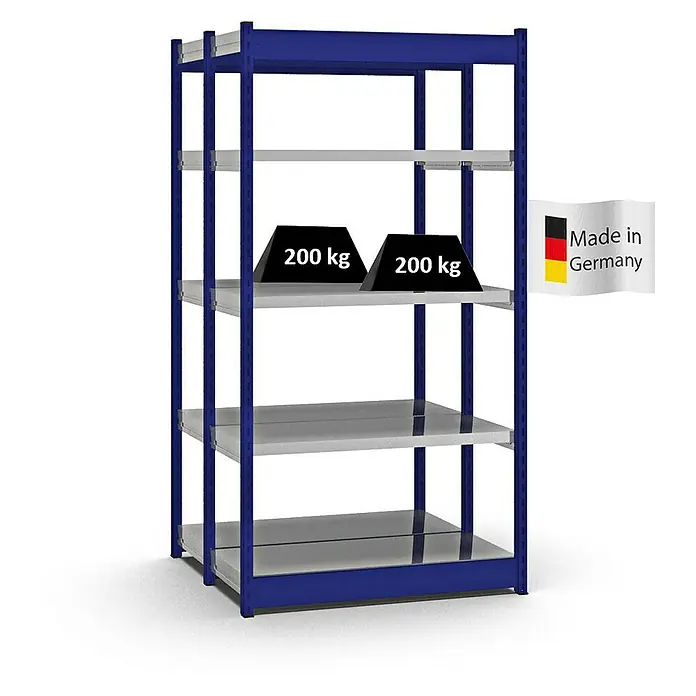 Proregal Schwerlastregal MAGNUS Vierkant-Profil Stecksystem - H x B x T: 200 x 102,5 x 40 cm, Traglast pro Boden: 200 kg, Anzahl Böden: 10 Stk., Stecken, Enzianblau/Verzinkt