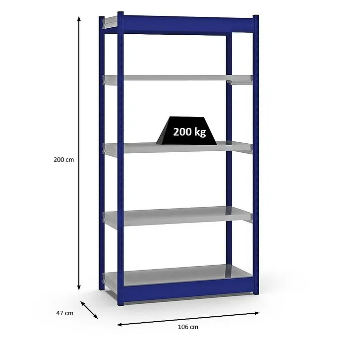 Proregal Schwerlastregal MAGNUS Vierkant-Profil Stecksystem - H x B x T: 200 x 102,5 x 40 cm, Traglast pro Boden: 200 kg, Anzahl Böden: 5 Stk., Stecken, Enzianblau/Verzinkt