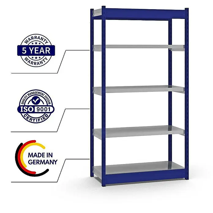 Proregal Schwerlastregal MAGNUS Vierkant-Profil Stecksystem - H x B x T: 200 x 102,5 x 40 cm, Traglast pro Boden: 200 kg, Anzahl Böden: 5 Stk., Stecken, Enzianblau/Verzinkt