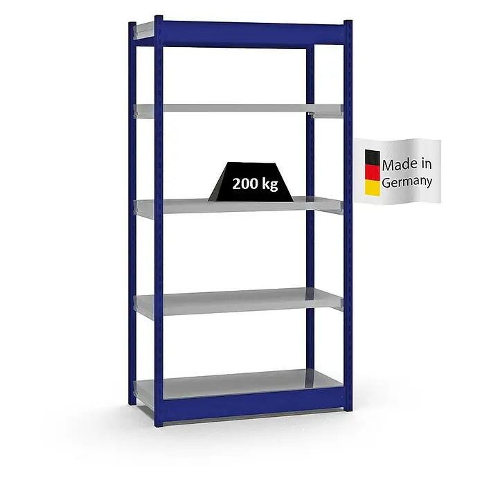 Proregal Schwerlastregal MAGNUS Vierkant-Profil Stecksystem - H x B x T: 200 x 102,5 x 40 cm, Traglast pro Boden: 200 kg, Anzahl Böden: 5 Stk., Stecken, Enzianblau/Verzinkt