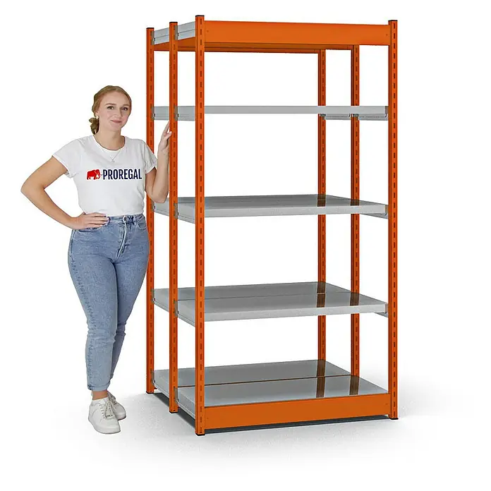 Proregal Schwerlastregal MAGNUS Vierkant-Profil Stecksystem - H x B x T: 200 x 102,5 x 40 cm, Traglast pro Boden: 200 kg, Anzahl Böden: 10 Stk., Stecken, Orange/Verzinkt