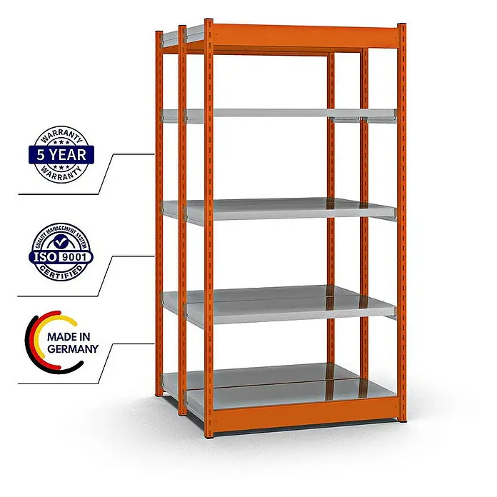 Proregal Schwerlastregal MAGNUS Vierkant-Profil Stecksystem - H x B x T: 200 x 102,5 x 40 cm, Traglast pro Boden: 200 kg, Anzahl Böden: 10 Stk., Stecken, Orange/Verzinkt