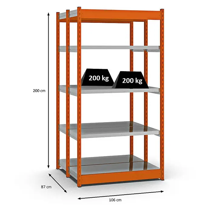 Proregal Schwerlastregal MAGNUS Vierkant-Profil Stecksystem - H x B x T: 200 x 102,5 x 40 cm, Traglast pro Boden: 200 kg, Anzahl Böden: 10 Stk., Stecken, Orange/Verzinkt