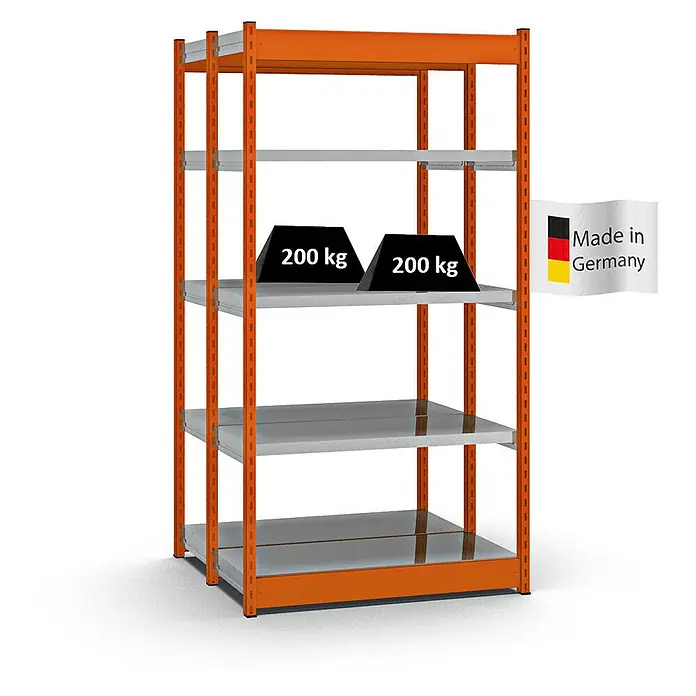 Proregal Schwerlastregal MAGNUS Vierkant-Profil Stecksystem - H x B x T: 200 x 102,5 x 40 cm, Traglast pro Boden: 200 kg, Anzahl Böden: 10 Stk., Stecken, Orange/Verzinkt