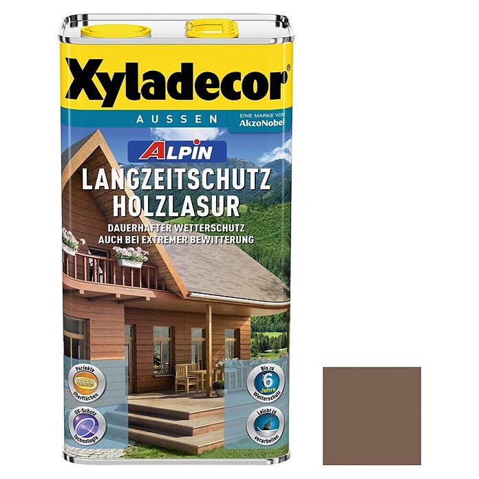 Xyladecor Langzeitschutz-Holzlasur Alpin (Nussbaum, 5 l, Seidenglänzend, Lösemittelbasiert)