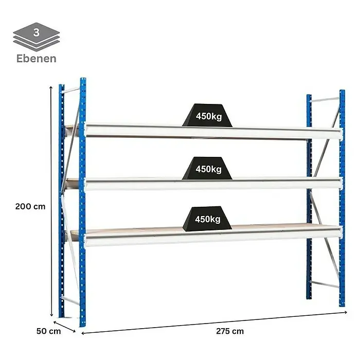 Proregal Schwerlastregal Weitspannregal MAXIMUS Pro - H x B x T: 200 x 275 x 50 cm, Traglast pro Boden: 450 kg, Anzahl Böden: 3 Stk., Stecken, Lichtblau/Lichtgrau