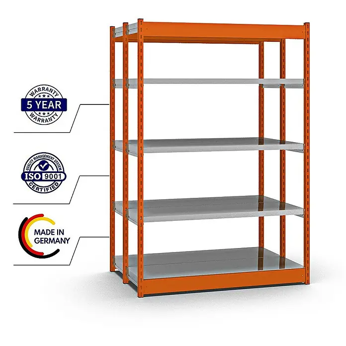 Proregal Schwerlastregal MAGNUS Vierkant-Profil Stecksystem - H x B x T: 200 x 132,5 x 40 cm, Traglast pro Boden: 200 kg, Anzahl Böden: 10 Stk., Stecken, Orange/Verzinkt